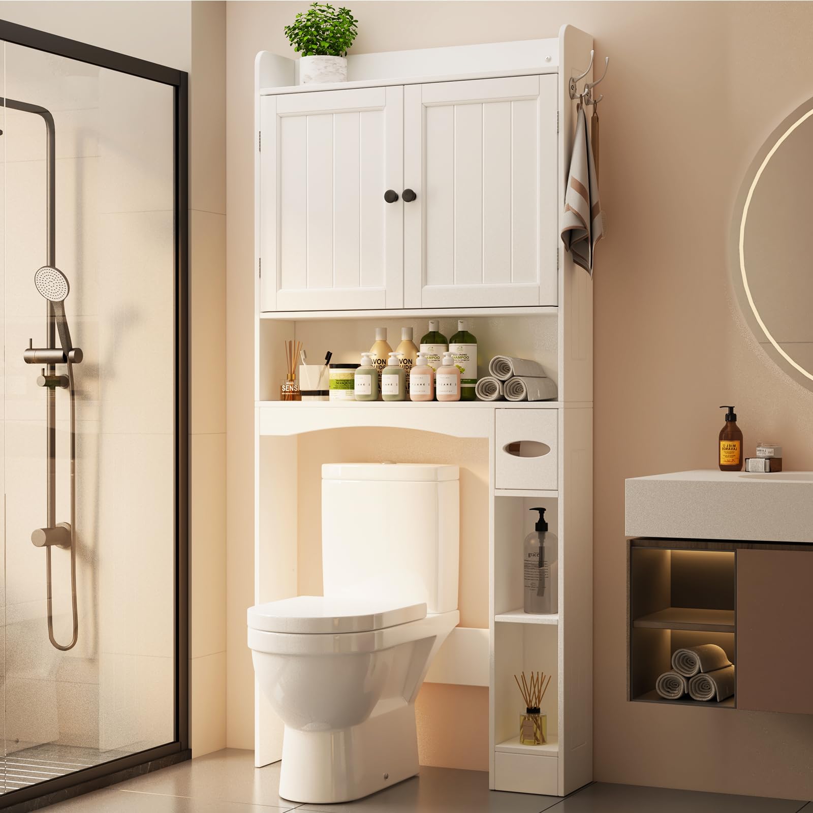 Ahomly Over The Toilet Storage Cabinet, 32.3 W Over Toilet Bathroom Organizer with Doors, Adjustable Shelves, Toilet Paper Holde