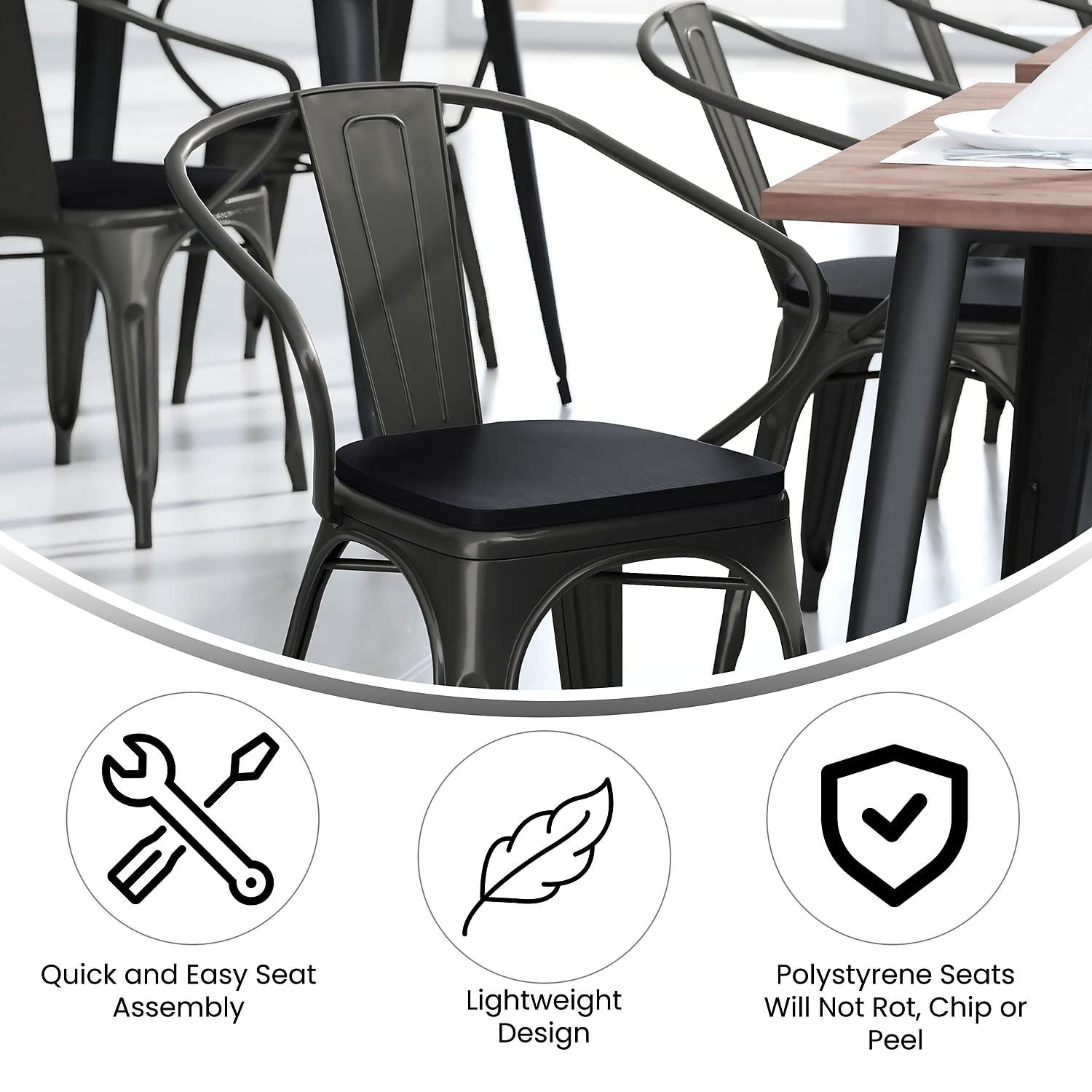 Flash Furniture Luna Commercial Grade Indoor-Outdoor Stack Chair With Arms - Black Metal Frame - Black All-Weather Polystyrene Seat - Vertical Slat Back