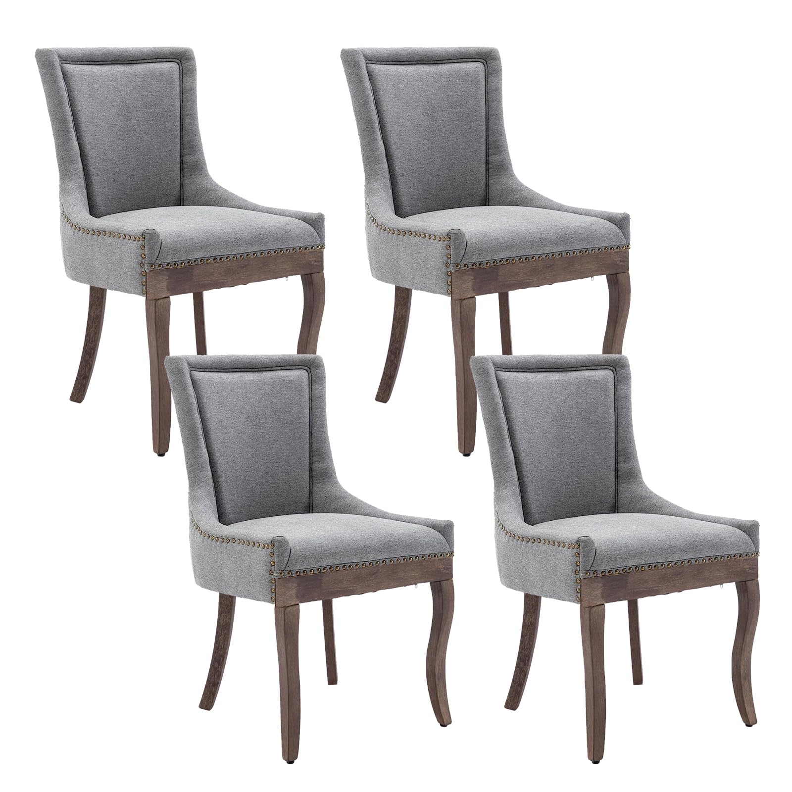 Aoowow Fabric Vintage Upholstered Side Chairs Set Of 4, Farmhouse Solid Wood Kitchen Dining Room Chairs With Nailheads Solid Woo