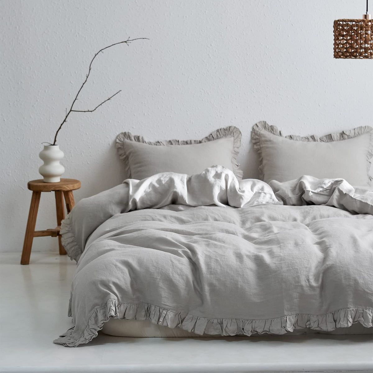 Simple&Opulence 100% Linen Duvet Cover Set-3 Pieces Premium Ruffled Farmhouse Bedding 1 Comforter Cover(88'X92') And 2 Pillow