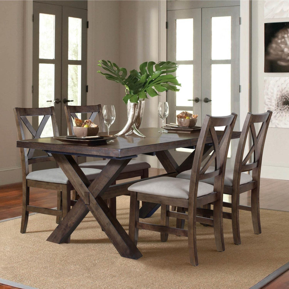 Steve Silver Furniture Astoria 5pc Dining Table Set, 62-Inch Table with 18-Inch Leaf, Seating 6 Comfortably, 4 Upholstered Side Chairs, Dining Room, 40&quot; L x 80&quot; W x 30&quot; H, Brown