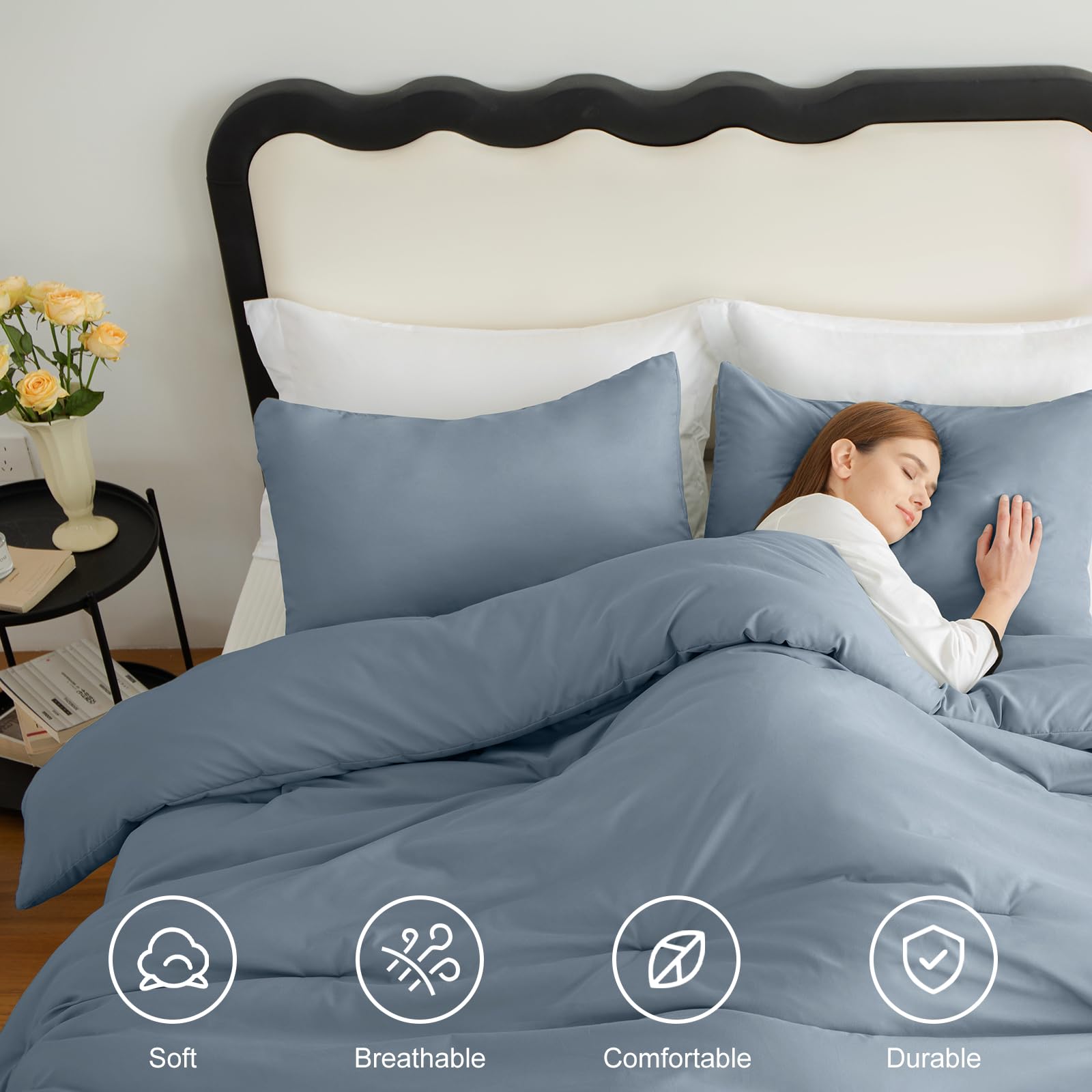 Cozylux Grayish Blue Comforter Set Full Size, 3 Pieces Solid Breathable Quilted Boho Style Bedding Sets, Luxury Fluffy Soft Microfiber Comforter For All Season(1 Comforter & 2 Pillowcases)