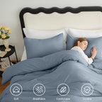 Cozylux Grayish Blue Comforter Set Full Size, 3 Pieces Solid Breathable Quilted Boho Style Bedding Sets, Luxury Fluffy Soft Microfiber Comforter For All Season(1 Comforter & 2 Pillowcases)