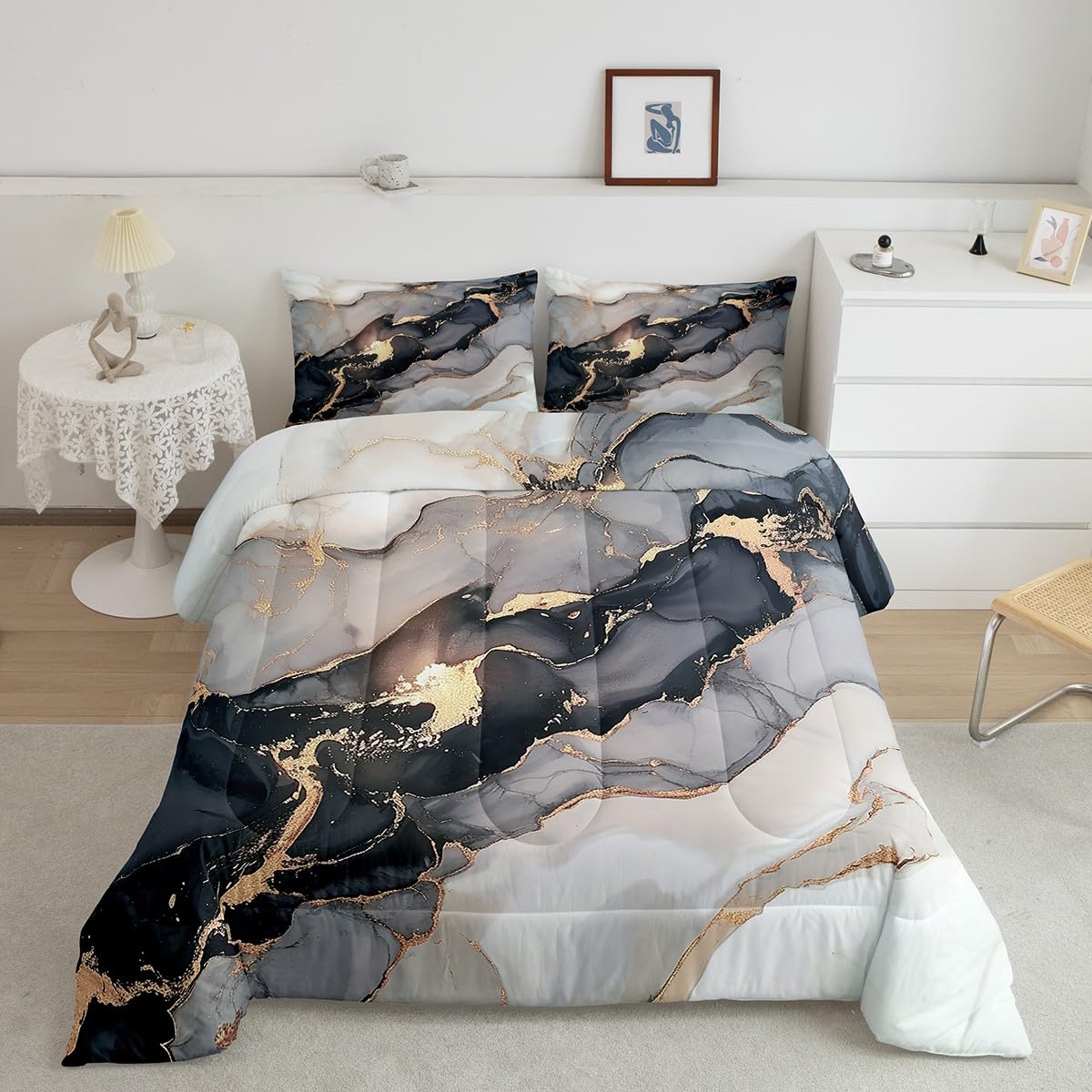 Erosebridal Black Marble Bedding Set Queen,Black And Grey Marble Comforter Set Men Teens Boys Modern Gray Orange Abstract Art Ti