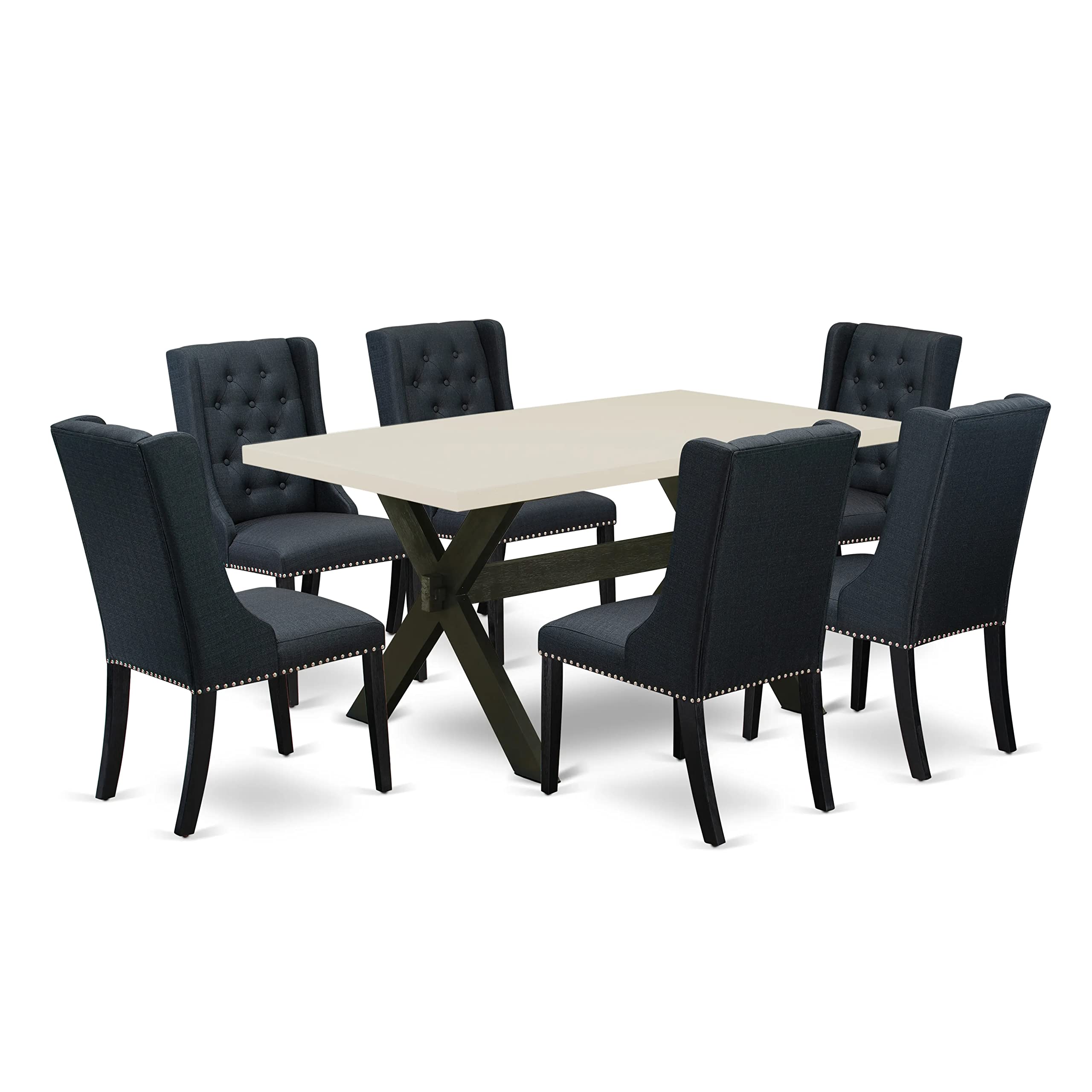 East West Furniture X626FO624-7 7 Piece Set Consist of a Rectangle Dining Room Table with X-Legs and 6 Black Linen Fabric Upholstered Chairs, 36x60 Inch