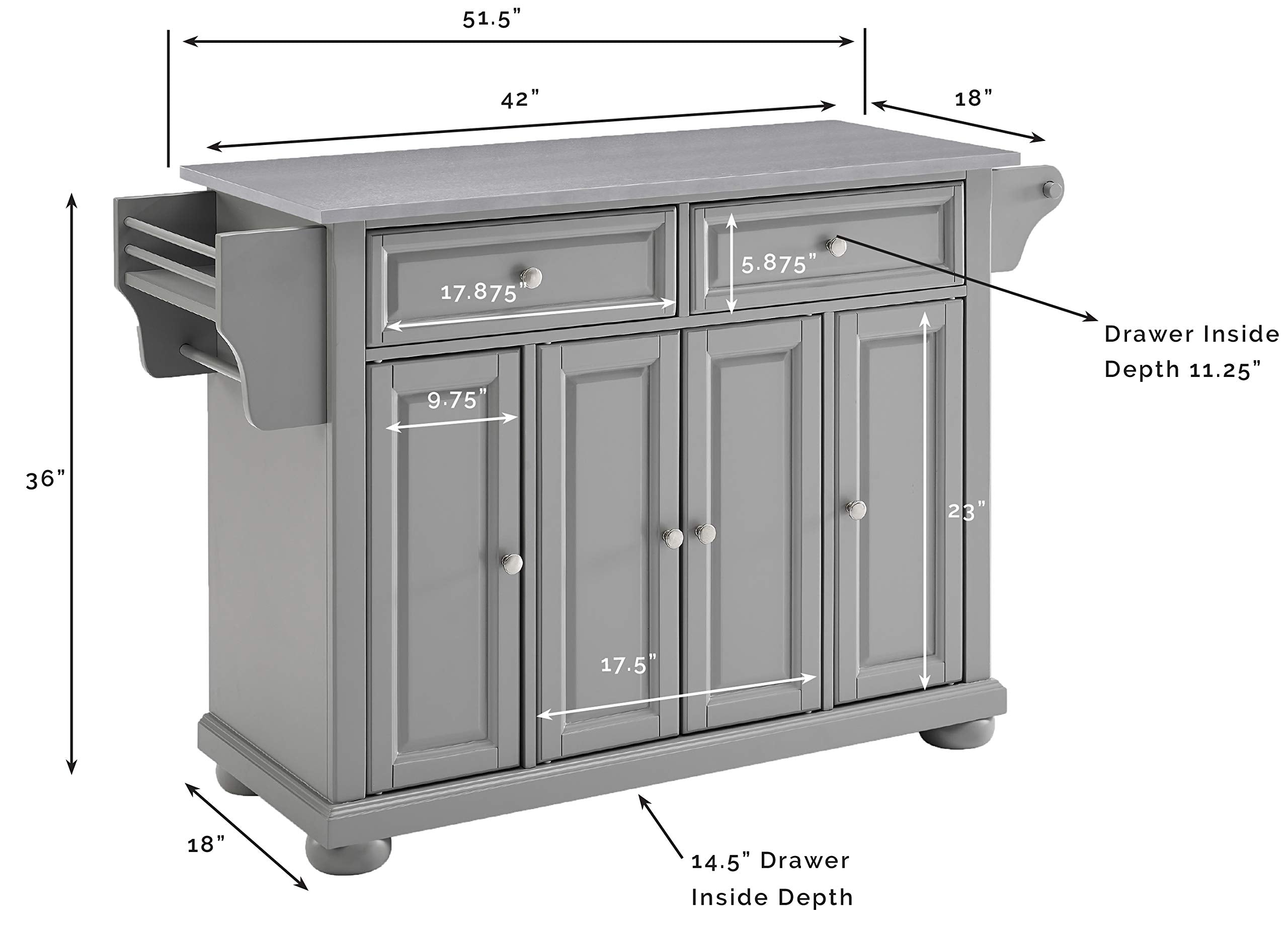 Crosley Furniture Alexandria Stainless Steel Top Rolling Kitchen Island Storage Cart, Microwave Stand, Gray