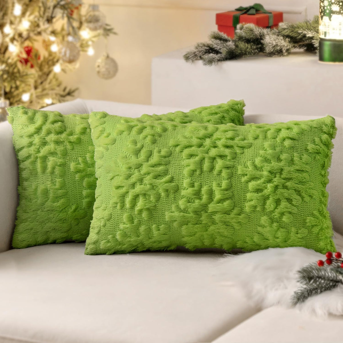 Miulee Green Throw Pillow Covers Christmas Snowflakes Decorative Pillow Covers 12X20 Inchfaux Wool Winter Pillow Covers Set Of 2