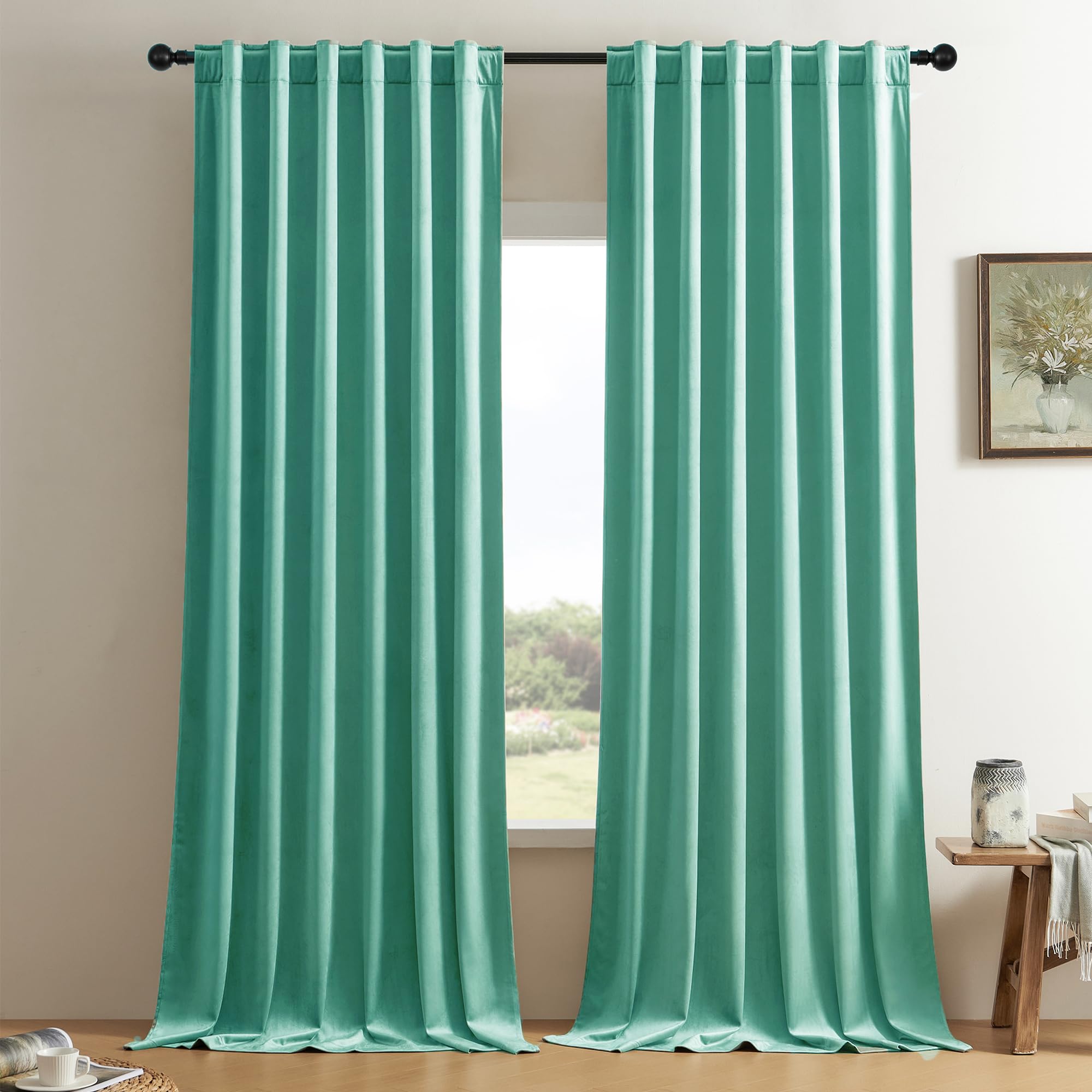 Timeper Velvet Curtains 96 Inches - Room Darkening Back Tab Curtains For Sliding Door, Modern Style Privacy Drapery For Dining/D