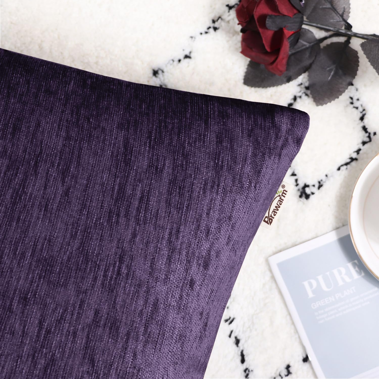Brawarm Chenille Throw Pillow Covers 22X22 Inches - Purple Chenille Pillow Covers Pack Of 2, Solid Dyed Soft Chenille Pillow Cas