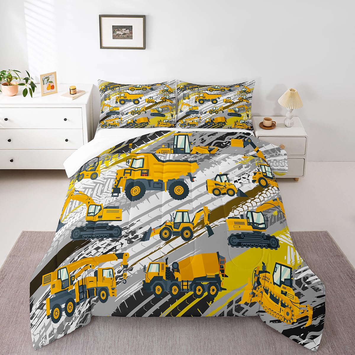 Boys Construction Comforter Set Truck Bedroom Decor for Kids Girls Under Construction Vehicles Down Comforter Nursery Children C