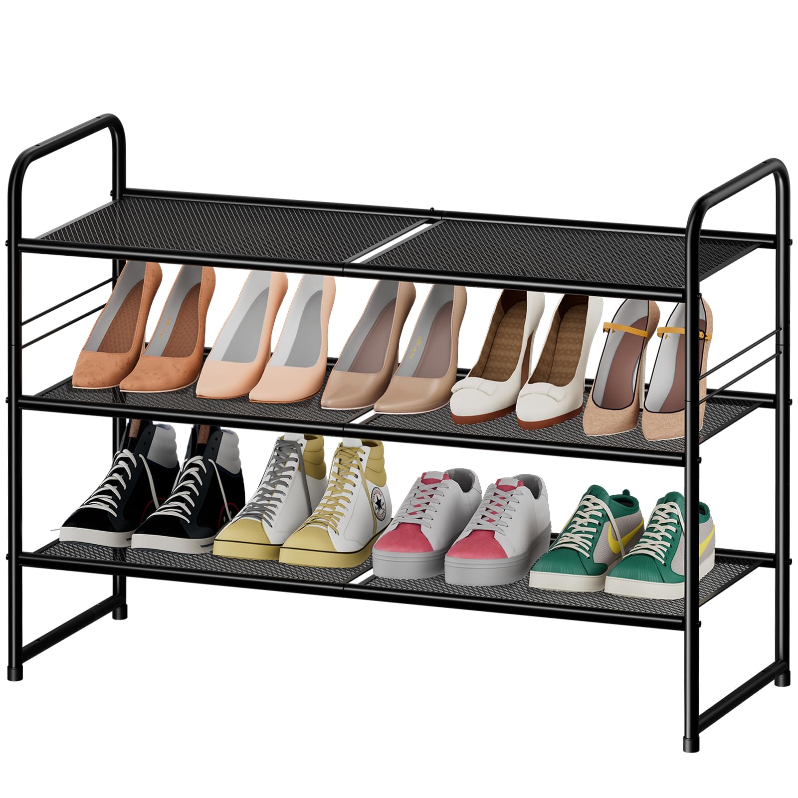 SUFAUY 3 Tier Mesh Shoes Rack for Closet, Stackable All Metal 32'' w Tall Shoe Shelf, Black