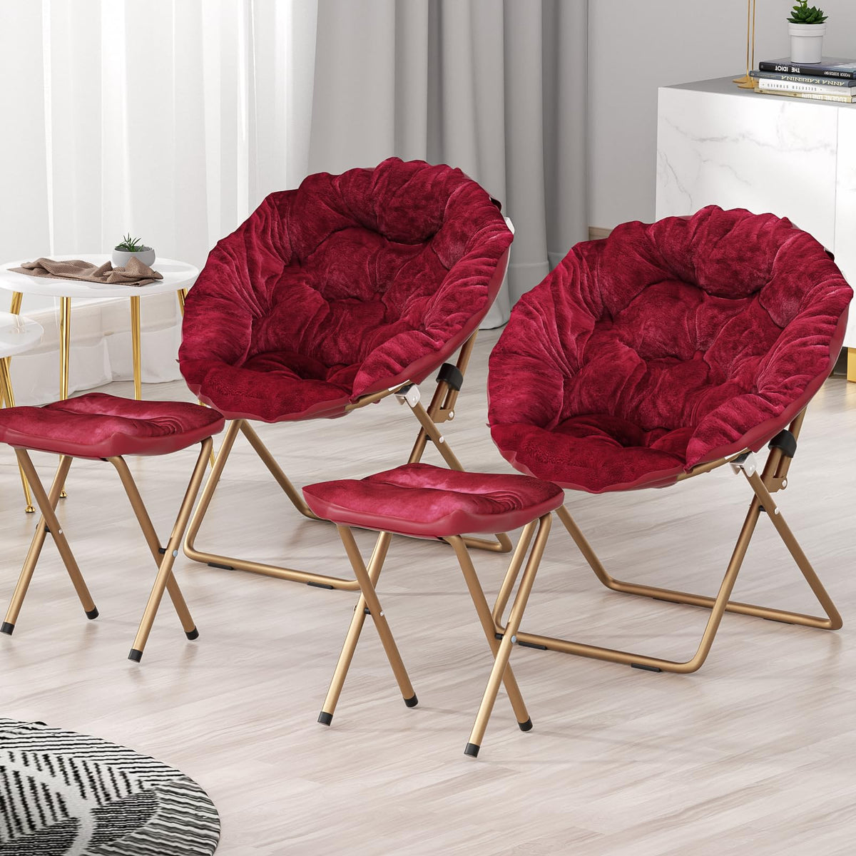 Brightoria Comfy Saucer Chair Set Of 2 With Footrest, Metal Frame Cozy Lounge Lazy Chair Folding Faux Fur Round Saucer Chair For
