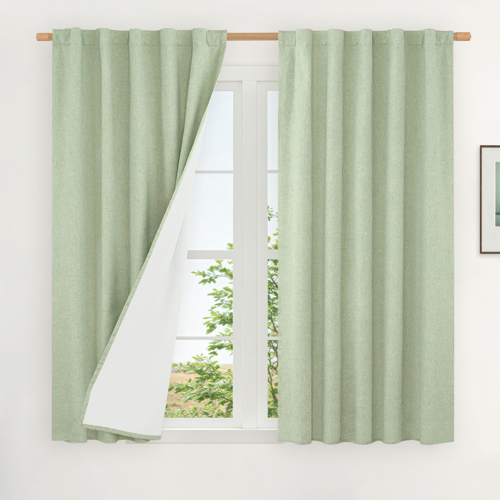 LAMIT 100% Blackout Linen Curtains, 45 Inches Linen Textured Thermal Bedroom Curtains Back Tab and Rod Pocket Neutral Panels wit