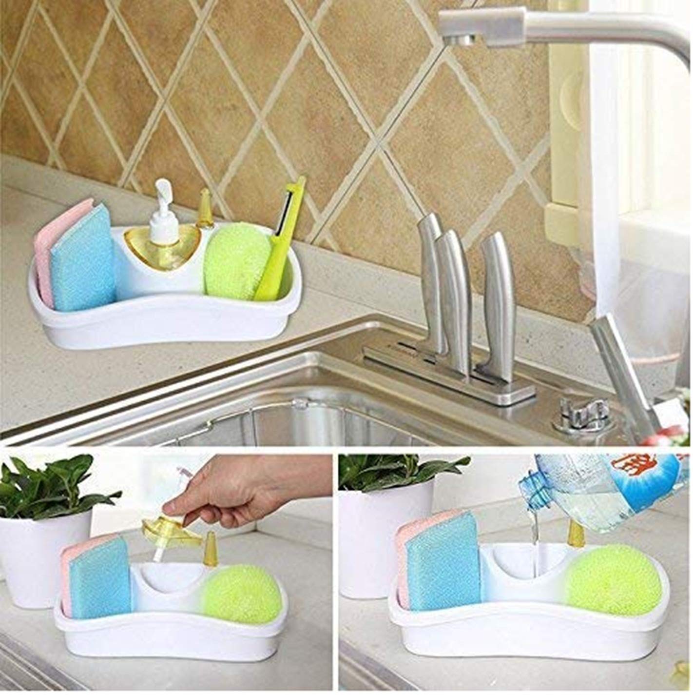 Lukzer 1 Pc Sink Organizer Drainer Stand With Sponge Liquid Holder And Soap Dispenser Pump Multi Utility Soap Sponge Storage For