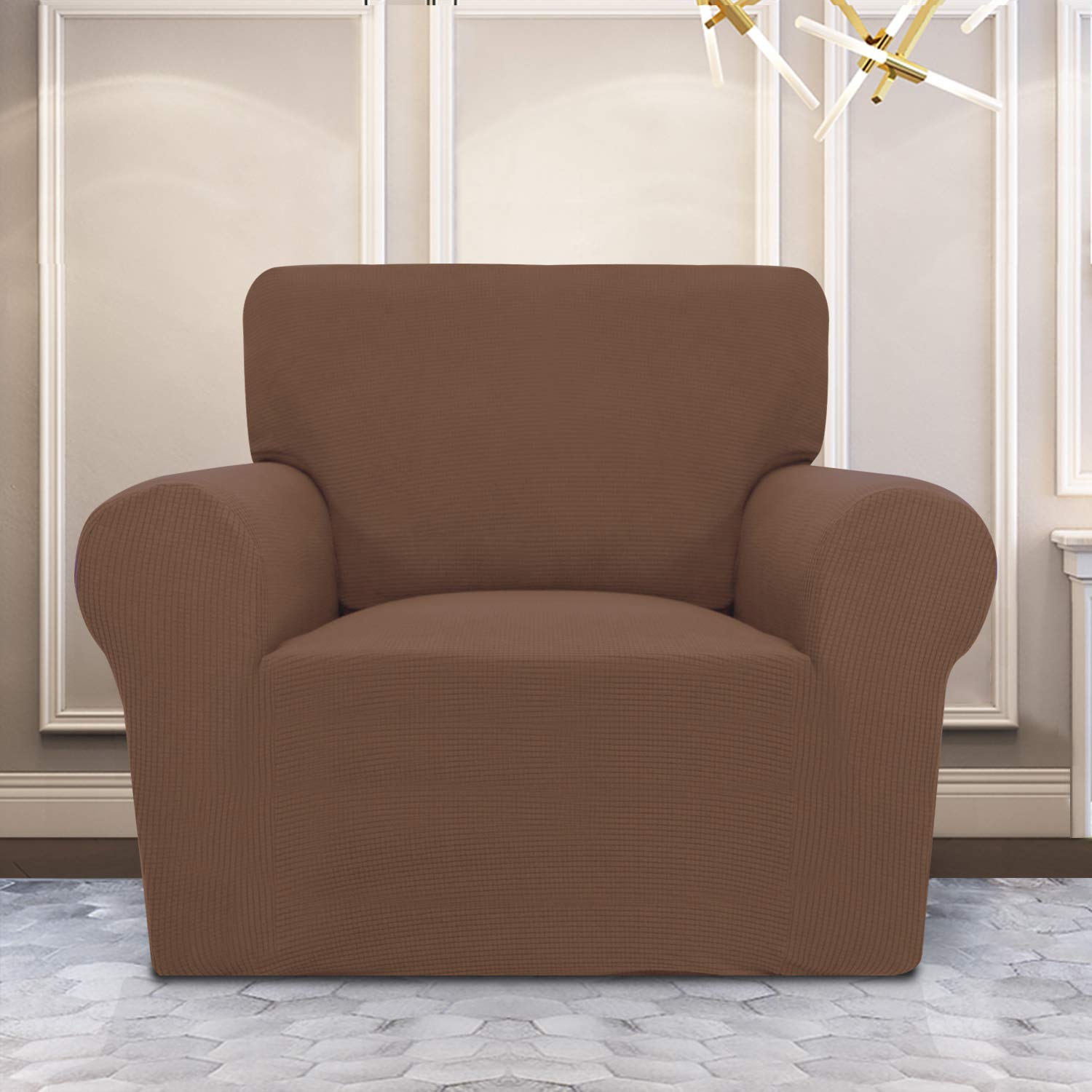 Purefit Stretch Chair Sofa Slipcover – Spandex Jacquard Non Slip Soft Couch Sofa Cover, Washable Furniture Protector With Non Skid Foam And Elastic Bottom For Kids (Chair, Brown)