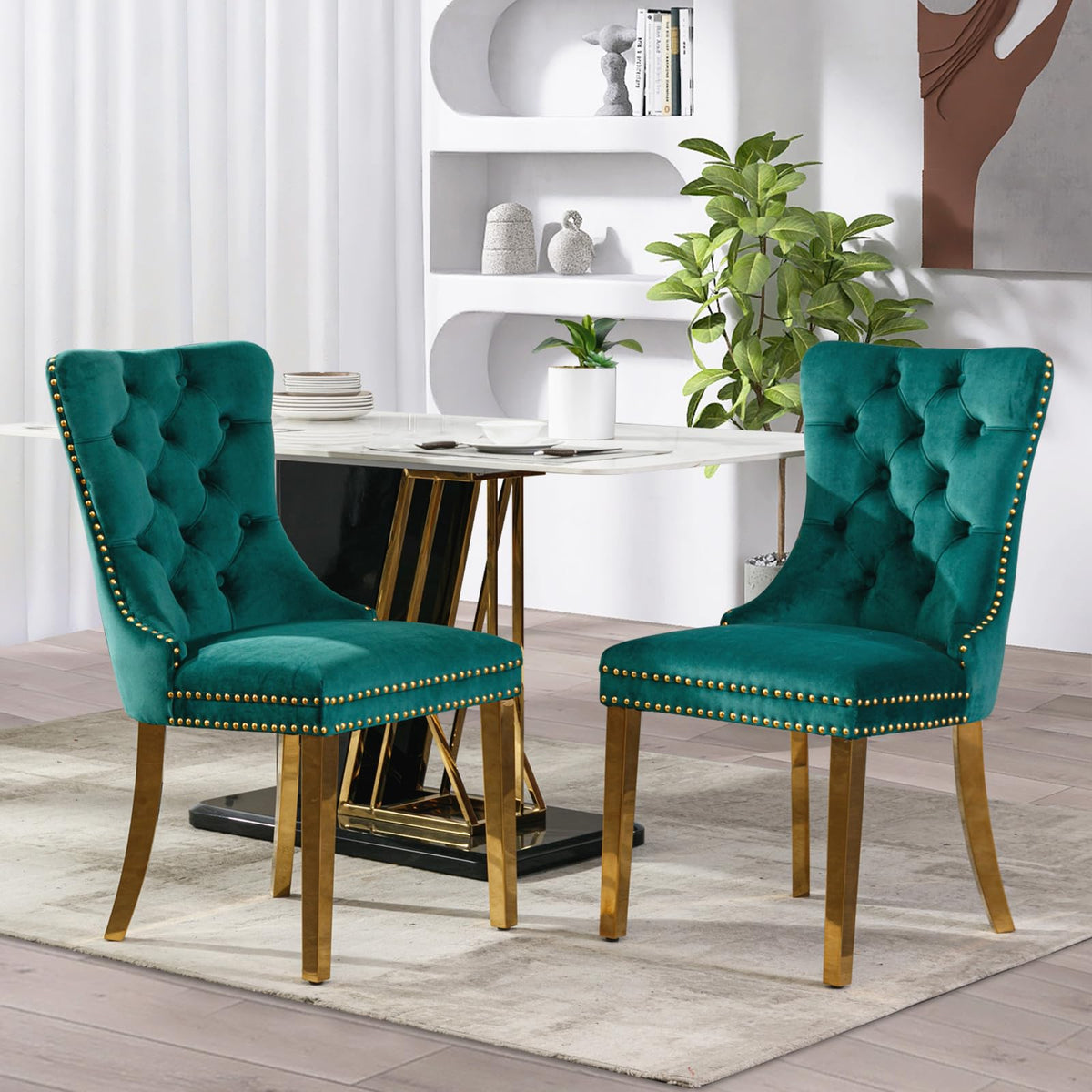 Soarflash Velvet Dining Chair Set Of 2, Upholstered Tufted Dining Room Chair With Nailhead Trim And Solid Gold Plated Leg For Ki