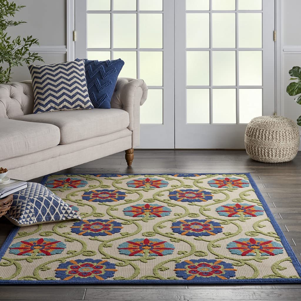 HomeRoots Blue/Multicolor 100% Polypropylene 4’ x 6’ Blue Floral Vines Indoor Outdoor Area Rug