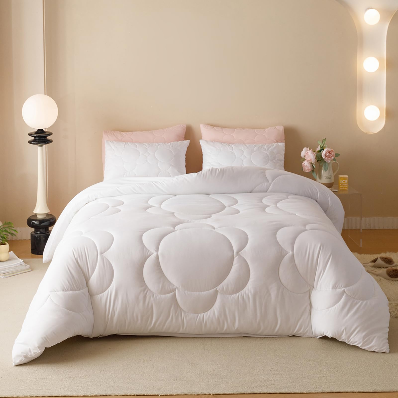 Luxlovery White Sunflower Comforter Set King Boho Floral Farmhouse Bedding Comforter Set King Size Elegant Big Flower Printed So