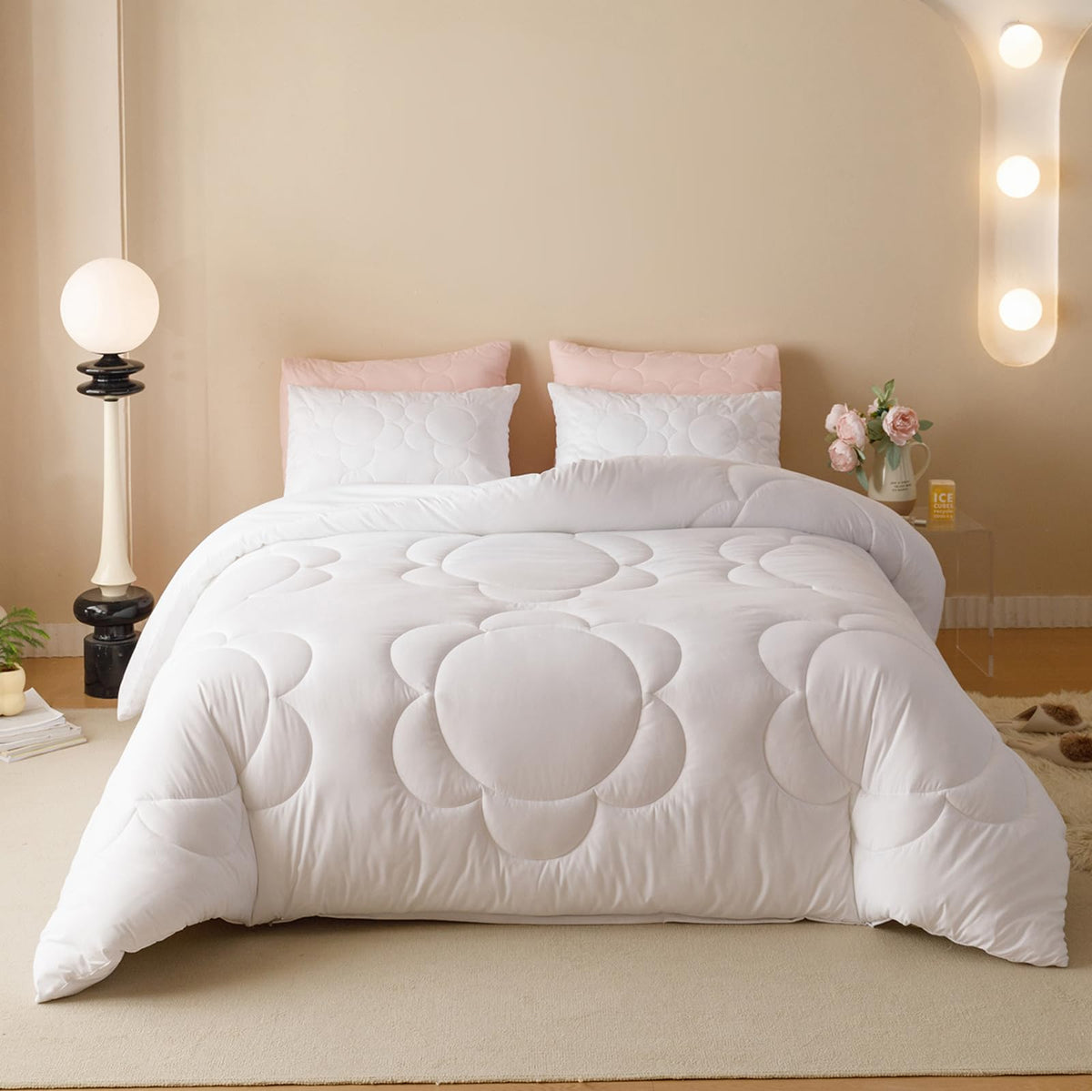 Luxlovery White Sunflower Comforter Set Queen Plain White Boho Farmhouse Quilts Floral White Bedding Comforter Set Soft Breathab