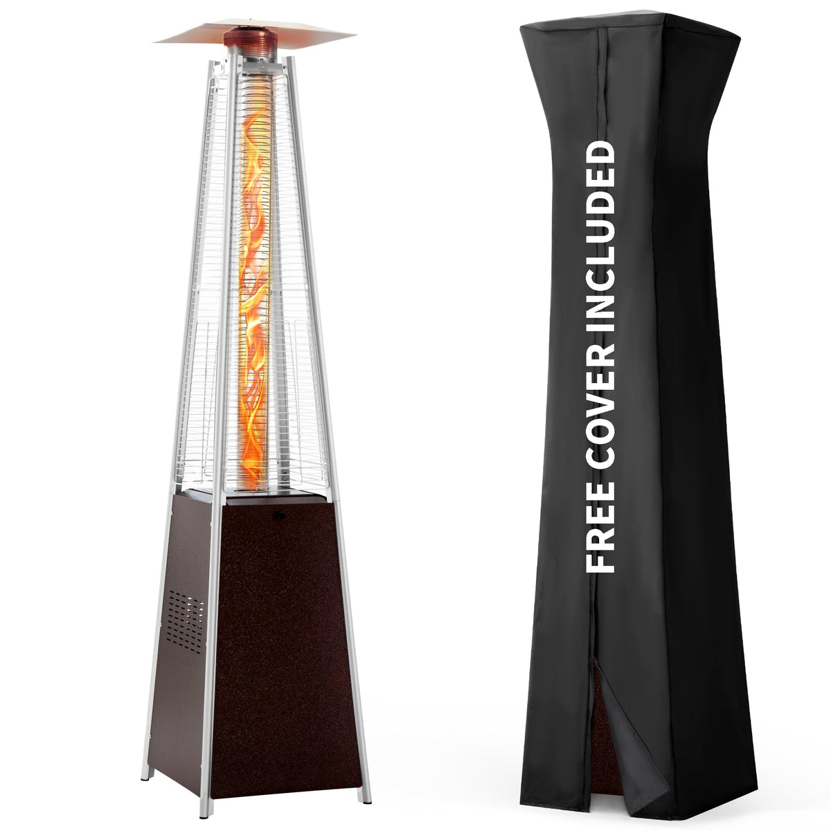 Pamapic Patio Heater, 48,000 Btu Pyramid Flame Outdoor Heater With Cover, Quartz Glass Tube Hammered Bronze Tower Propane Outdoo
