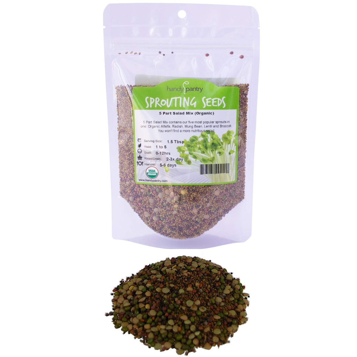 8 Oz - Handy Pantry 5 Part Salad Sprout Mix - Organic Non-Gmo Mixed Seeds - Organic Broccoli Sprouting Seeds, Radish Sprout Seed