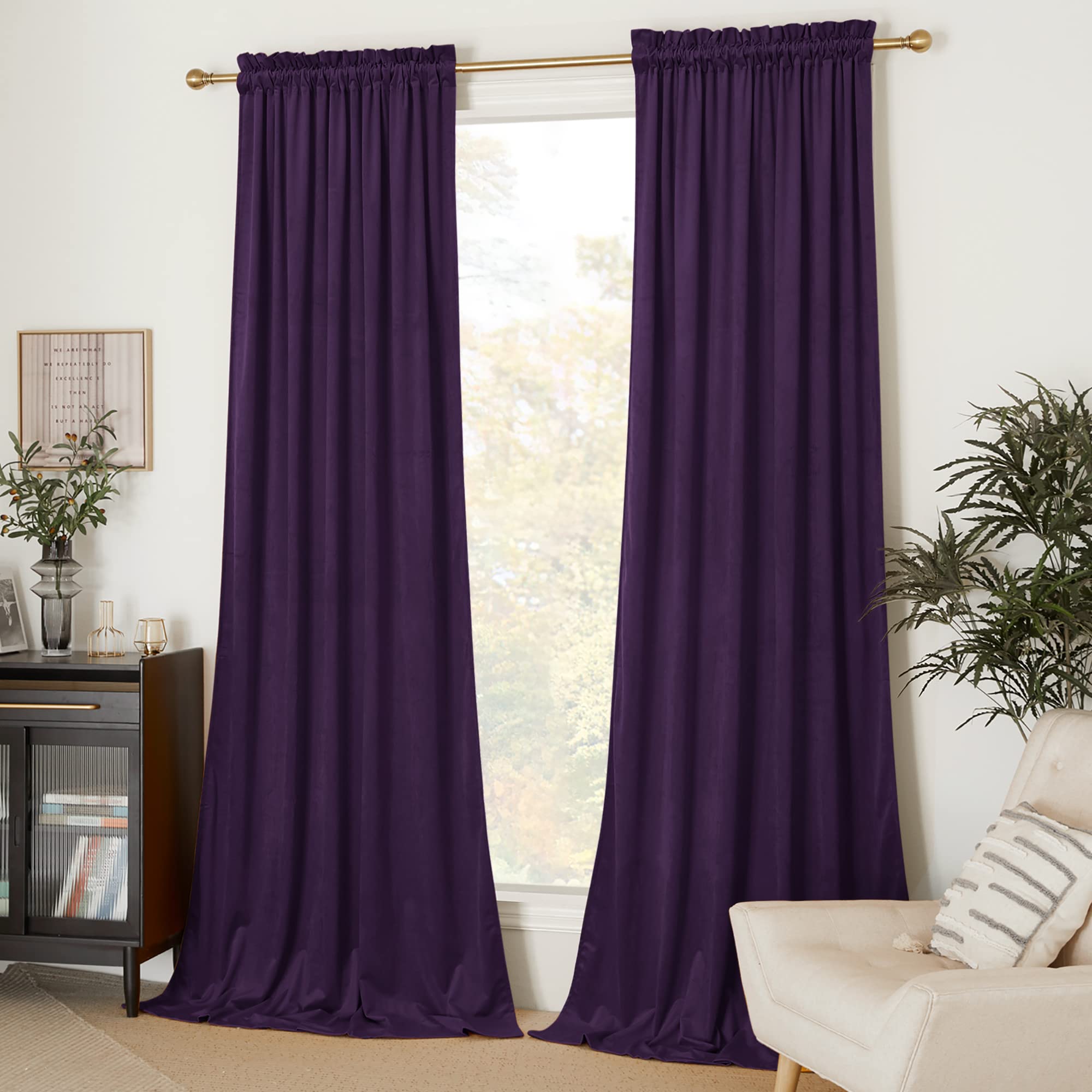 Nicetown Purple Velvet Curtains 90 Inches Long 2 Panels Set (52-Inch Wide), Thermal Insulated Sound Reducing Blackout Curtains A