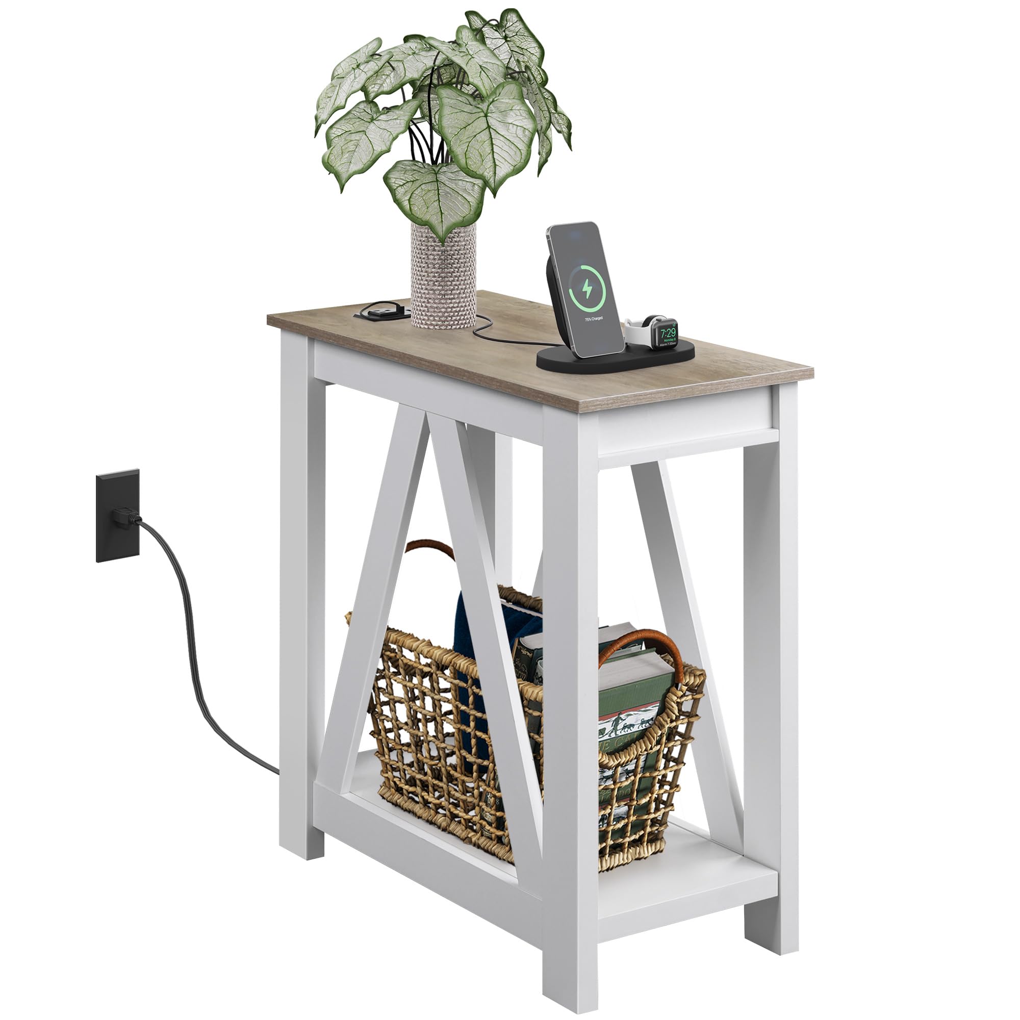 WLIVE Farmhouse End Table, Narrow Side Table with Charging Station, Slim End Table, Side Table for Bedroom, Living Room, Small S