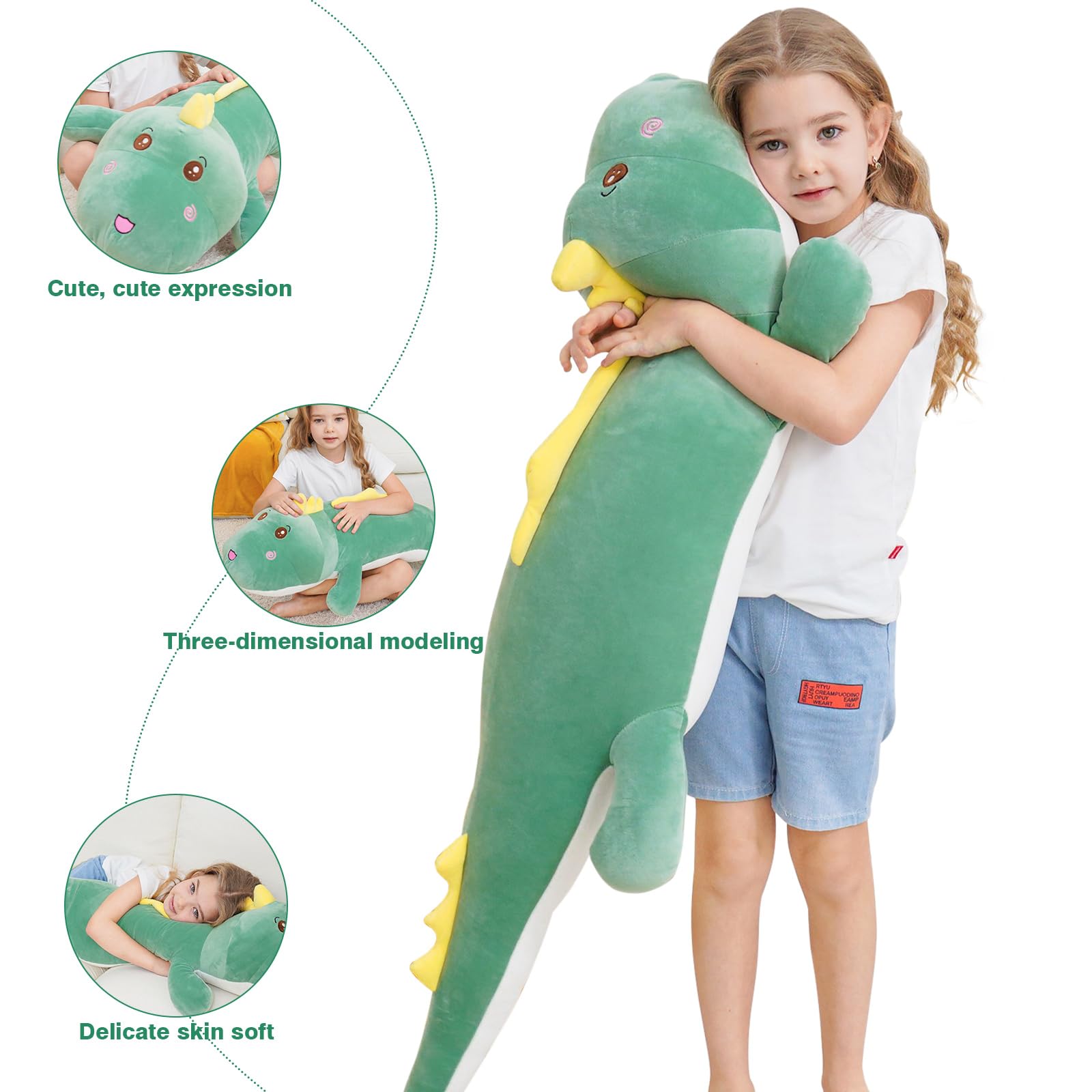 40 Inch Giant Dinosaur Soft Body Pillow Plush Dino Toys, Cute Big 3.3 Feet Dinosaur Stuffed Animals, Gifts For Girls Kids Boys H