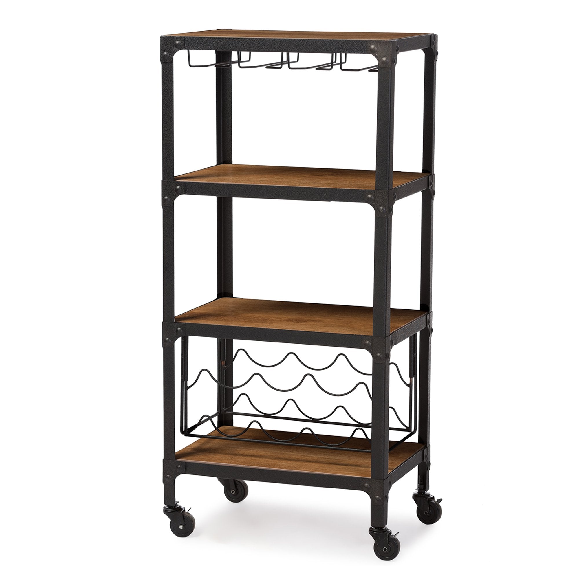 Baxton Studio Swanson Rustic Industrial Style Antique Black Textured Finish Metal Distressed Wood Mobile Kitchen Bar Wine Storage Shelf