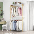 DR.IRON Gold Pipe Clothing Racks with 2 Tier Shelves, Wall Mounted Gold Clothes Rack with Double Hanging Rods Heavy Duty Garment