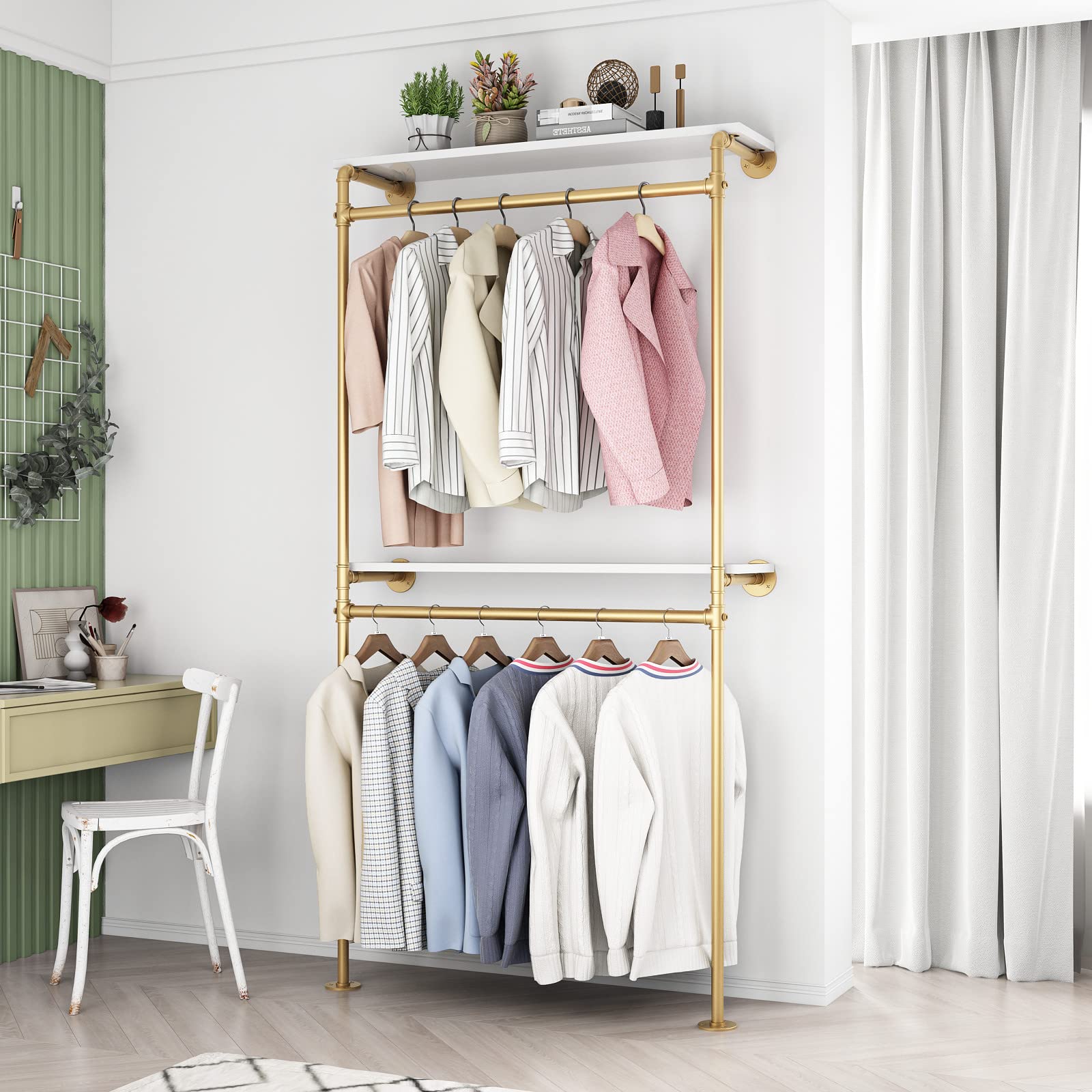 DR.IRON Gold Pipe Clothing Racks with 2 Tier Shelves, Wall Mounted Gold Clothes Rack with Double Hanging Rods Heavy Duty Garment