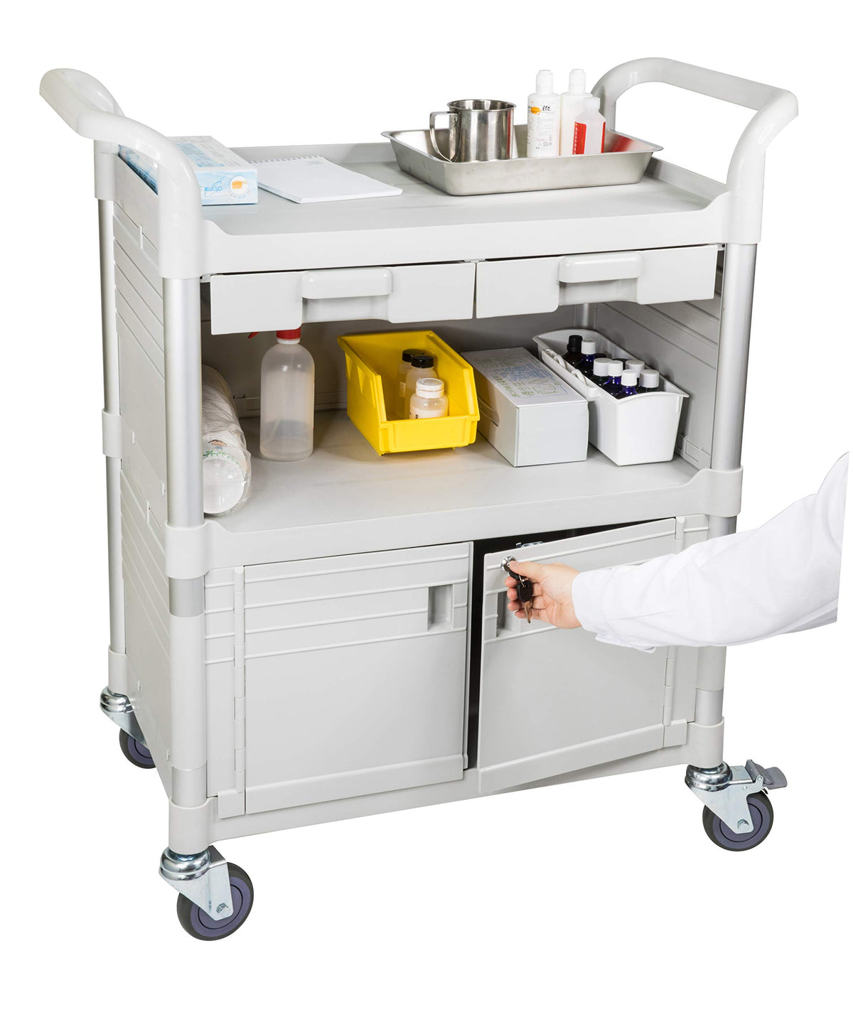 Jaboequip, Larger 3 Shelf Heavy Duty Lockable Hospital Cart Medical Cart, Utility Cart 606 Lbs For Medical, L34.43Xd19.69Xh40.55 Inch, Off-White (Light Grey) Color