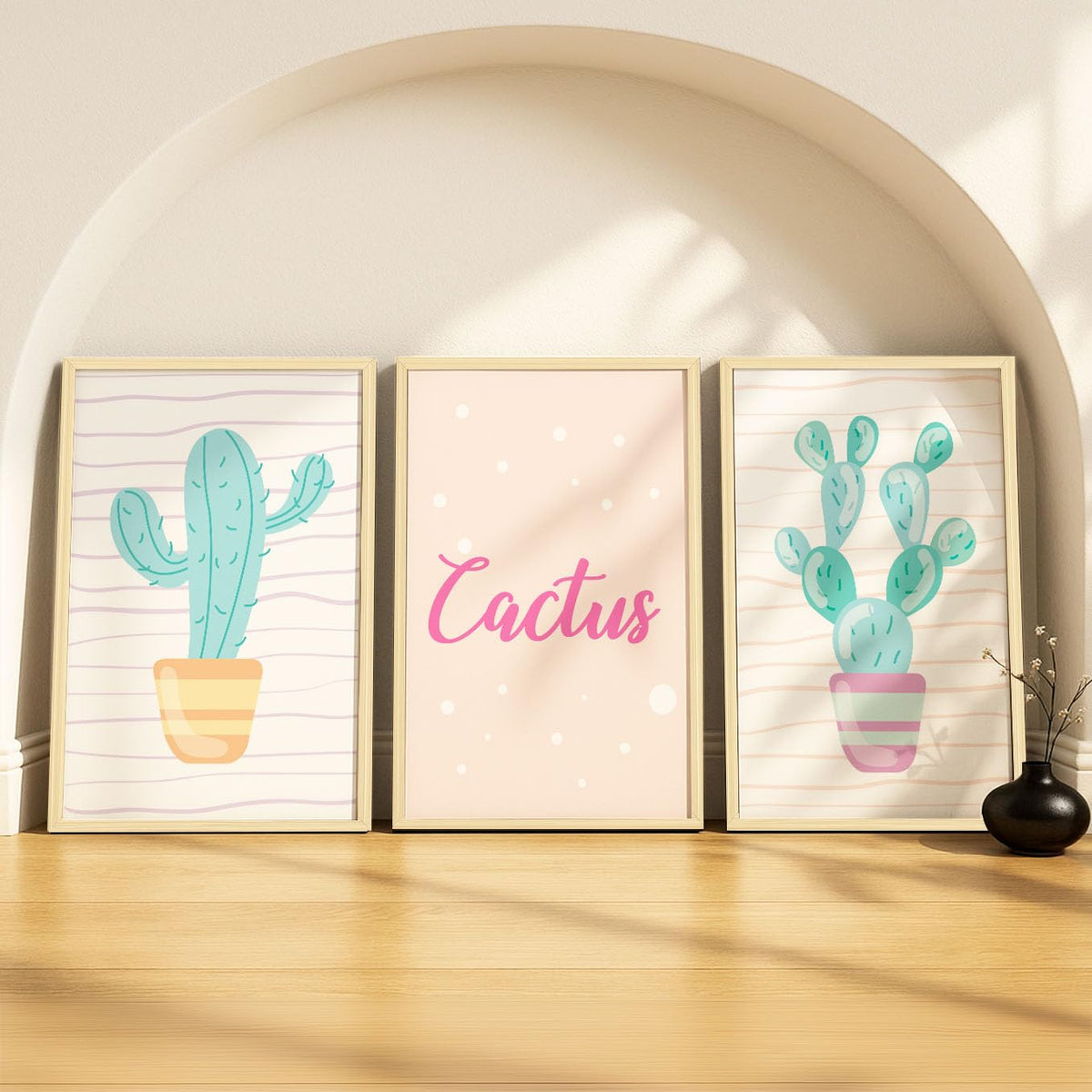 SoulAbiti Pastel Cactus set of 3 Framed Wall Print 12x18 inch Light Brown Frame PlexiGlass Preppy Art ready to hang for living