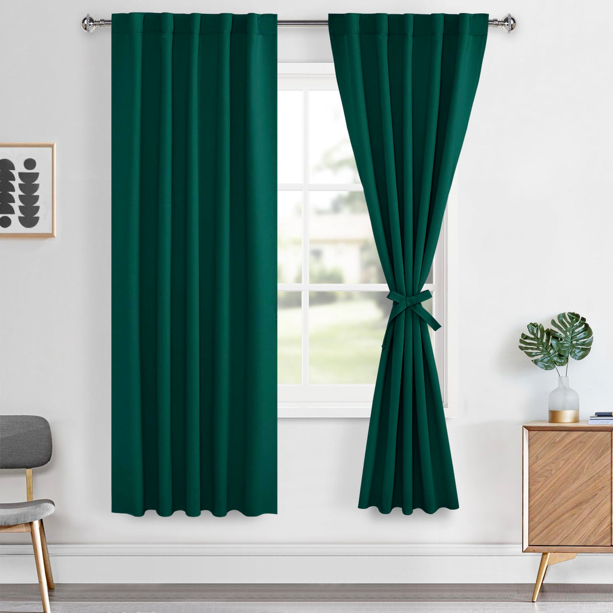 Hiasan Christmas Curtains 63 inch Long Sewn with Tiebacks, Rod Pocket & Back Tab Blackout Thermal Insulated Emerald Green Drapes