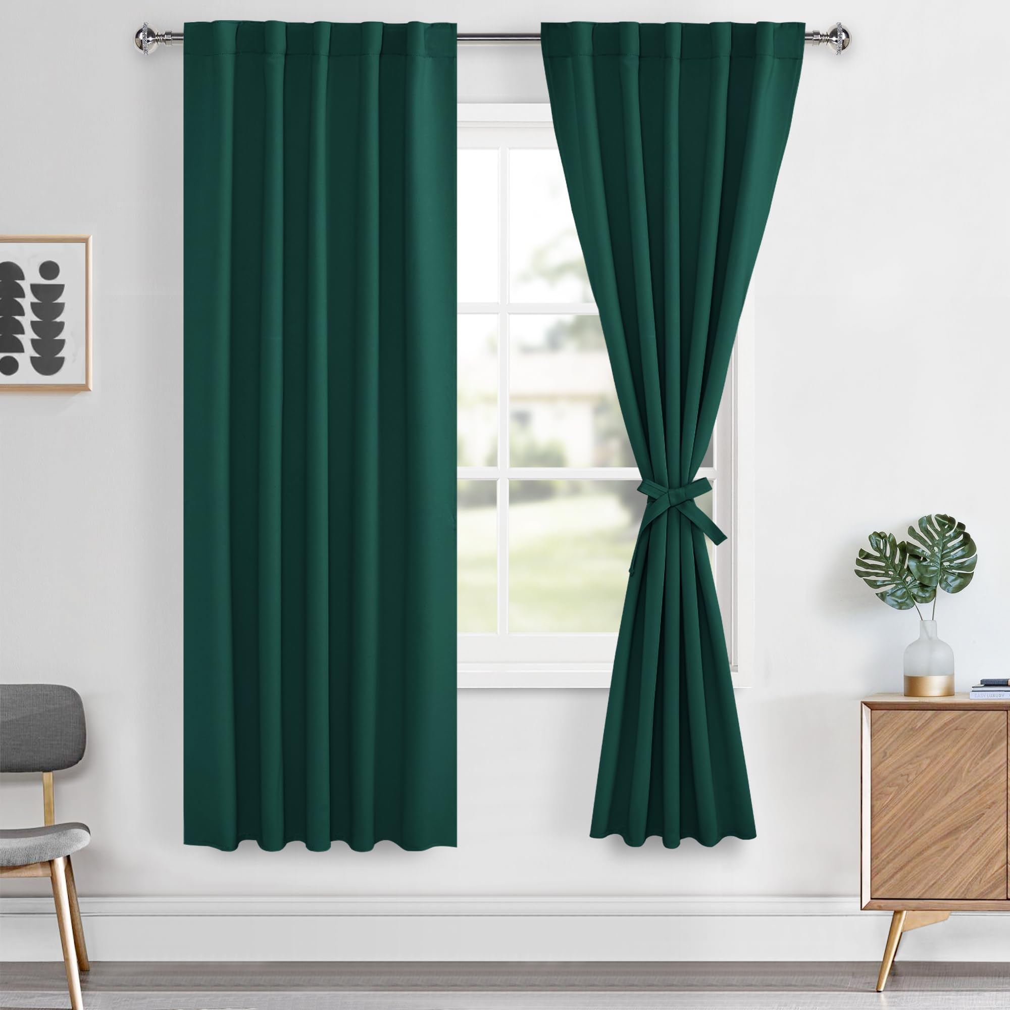 Hiasan Christmas Curtains 63 inch Long Sewn with Tiebacks, Rod Pocket & Back Tab Blackout Thermal Insulated Emerald Green Drapes