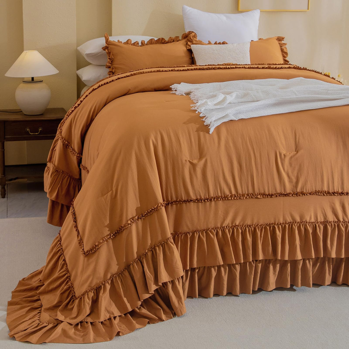 Masaca Pumpkin Oversized King Comforter 128X120,Farmhouse Shabby Boho Chic Ruffled Bedding Comforter Set,3Pcs Ultra Soft Fluffy