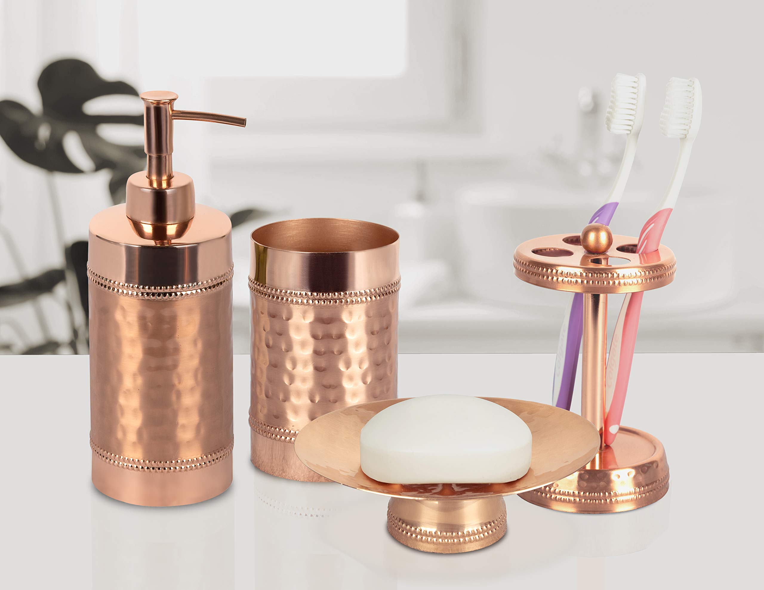 Nu Steel Hudson Copper Finish Bath Accessory Set For Countertop, 4 Pcs Luxury Ensemble-Soap Dish, Toothbrush Holder, Tumbler, So