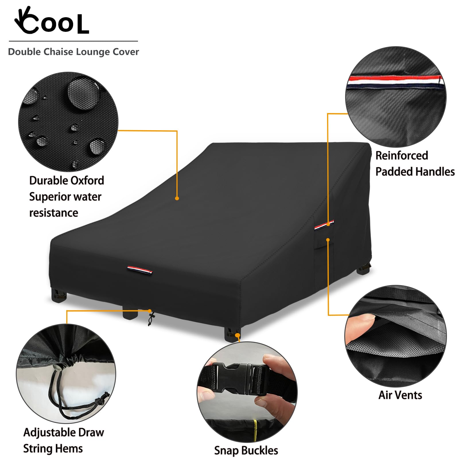 Okcool 100% Waterproof Patio Double Wide Chaise Lounge Chair Cover, 600D Tough Canvas 80 Inch Outdoor Chaise Lounge Covers,Black
