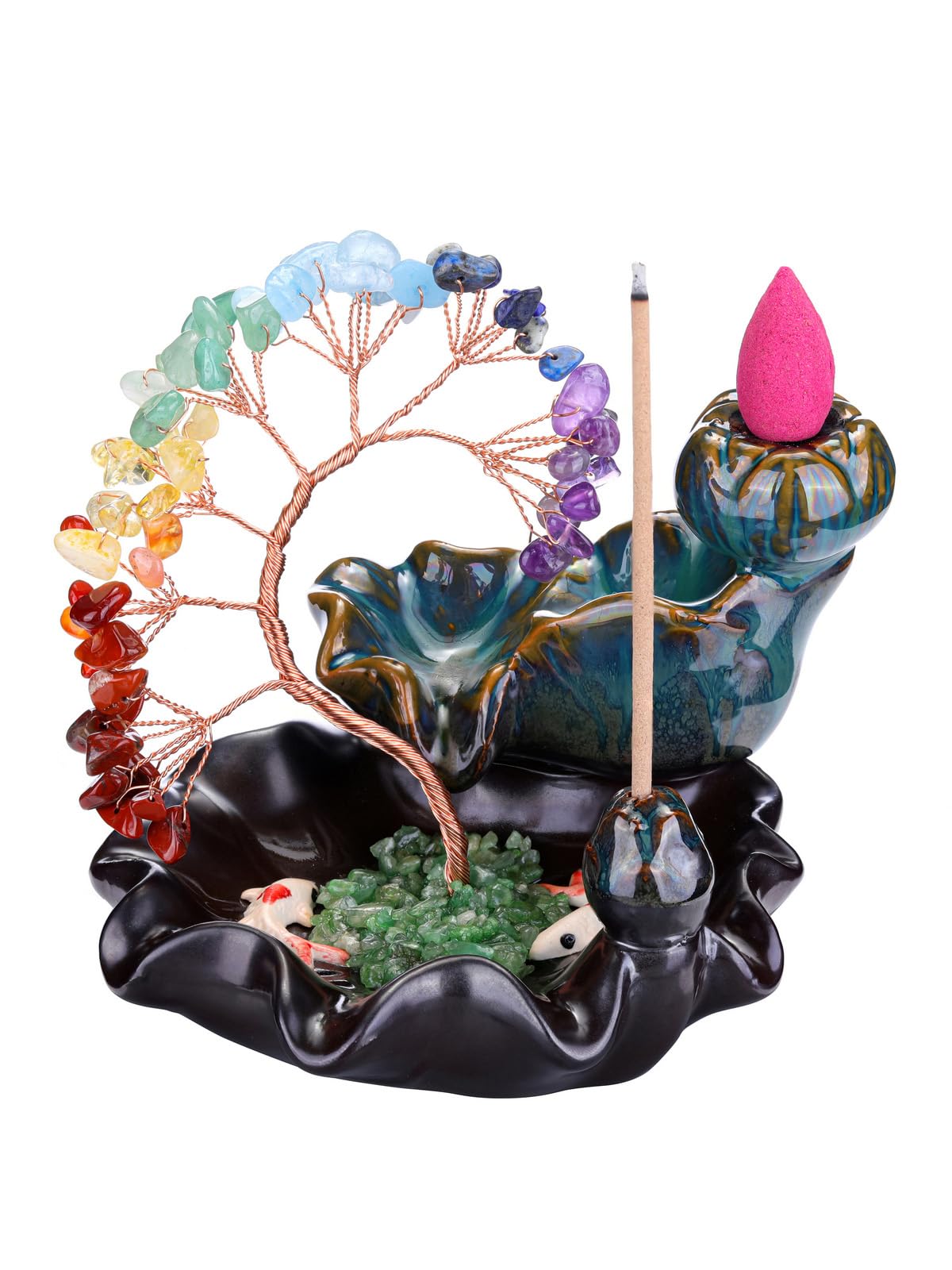 Jovivi Backflow Incense Burner Ceramic Incense Waterfall,7 Chakra Stones Healing Crystal Money Tree Incense Holder for Wealth, G