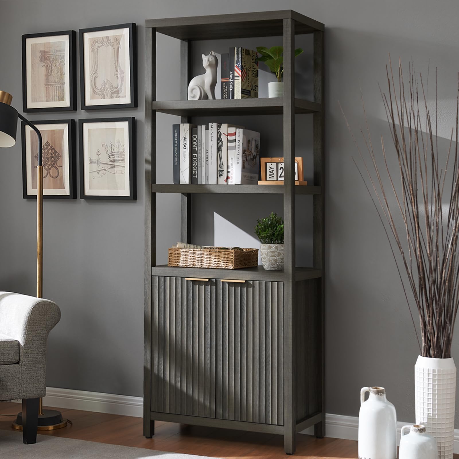 OAKHAM HOME Oxford Bookshelf, Tall Book Shelf with Doors Cabinet, 5-Tier Bookcase, Wooden Bookshelves with Fluted Panel, Large B
