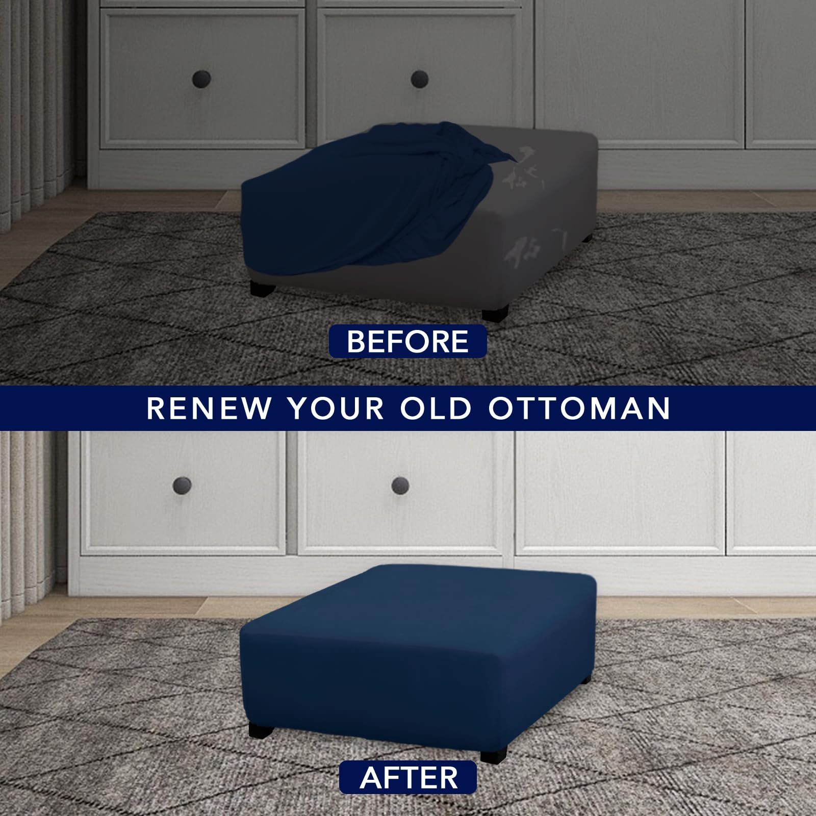 Purefit Super Stretch Form Fit Square Ottoman Cover Rectangle - Ottoman Slipcovers For Foot Stool & Folding Storage Furniture For Living Room With Nonslip Elastic Bottom (Medium-Xl, Navy)