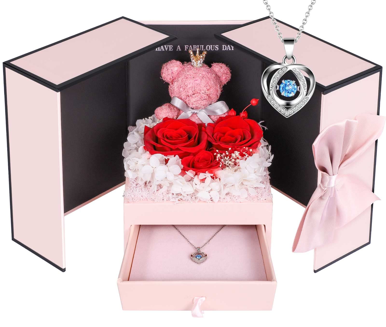 Addwel Romantic Roses Gifts For Her, Preserved Roses Forever Flowers With Sterling Silver Necklace For Wife Girlfriend On Birthd