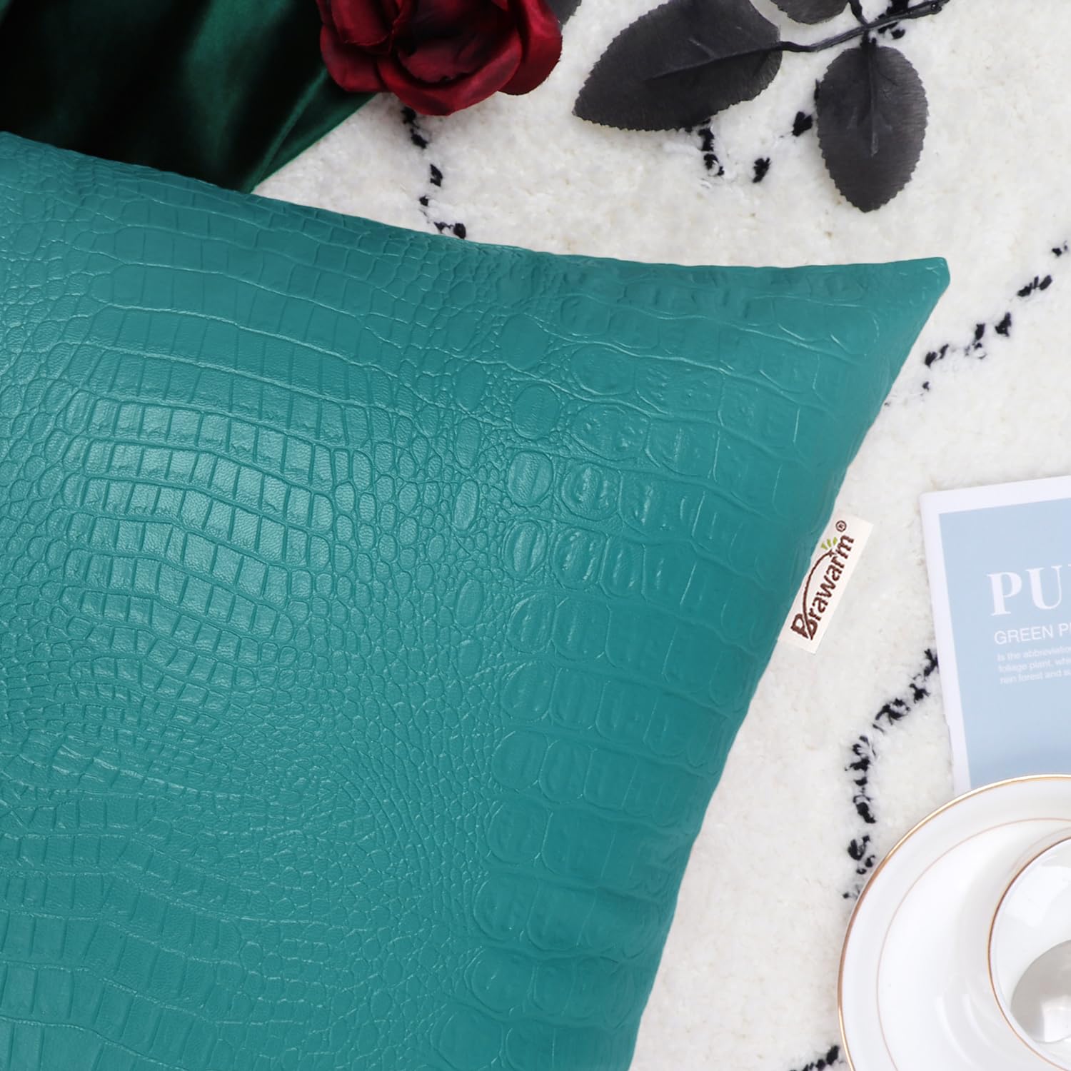 Brawarm Faux Leather Pillow Covers 12 X 20 Inches, Teal Leather Pillow Covers Pack Of 2, Crocodile Leather Decorative Lumbar Thr