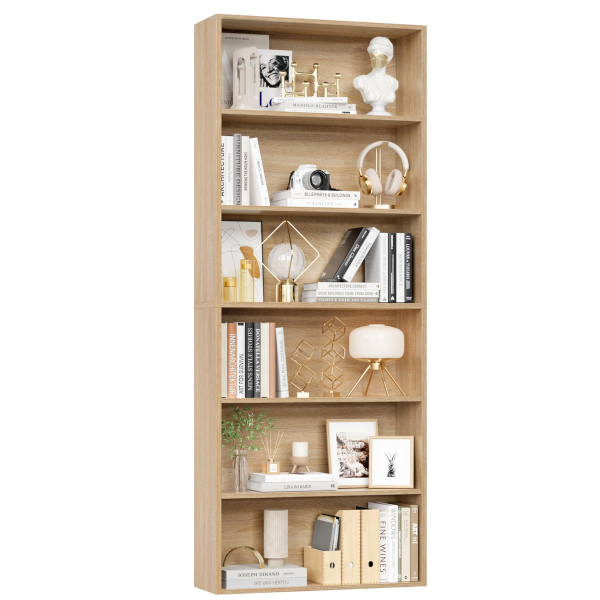 Fotosok 6-Tier Open Bookcase And Bookshelf, Freestanding Display Storage Shelves Tall Bookshelf Bookcase For Bedroom, Living Room And Office, Light Oak