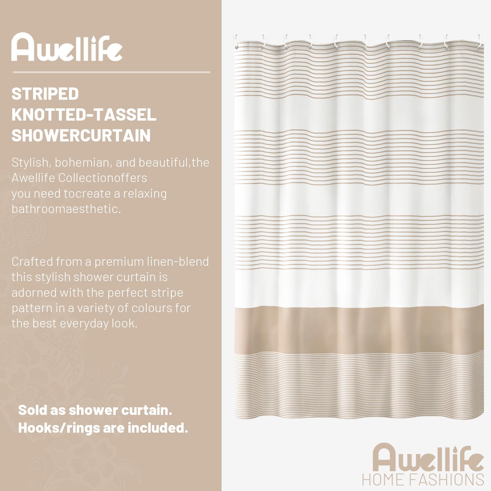 Awellife Boho Shower Curtain For Bathroom Stripe Shower Curtain 72 X 72 Inches Farmhouse Linen (Beige)
