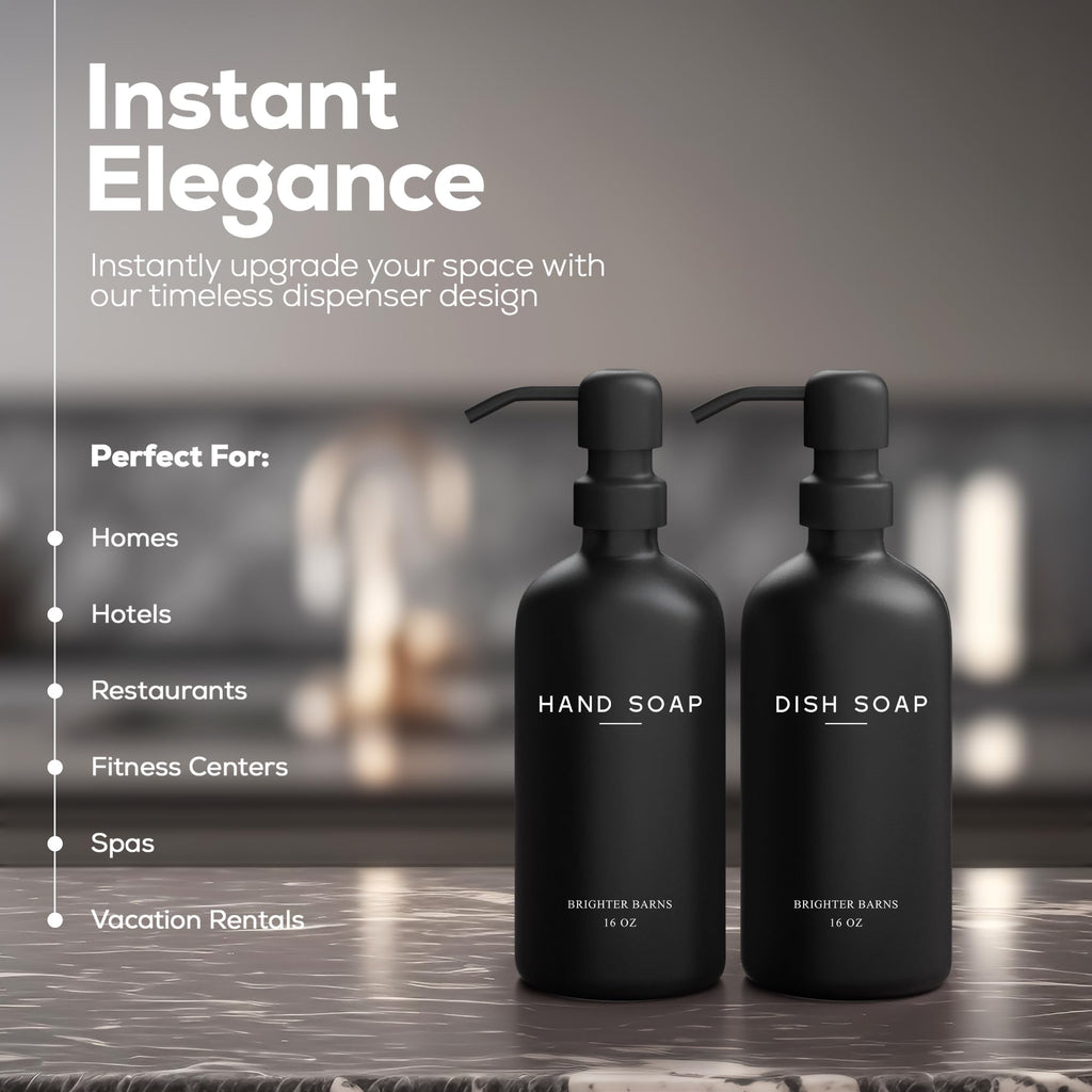 Black Glass Hand And Dish Soap Dispenser Set By Brighter Barns - Kitchen Soap Dispenser Set & Pump - Black Soap Dispenser For Ki