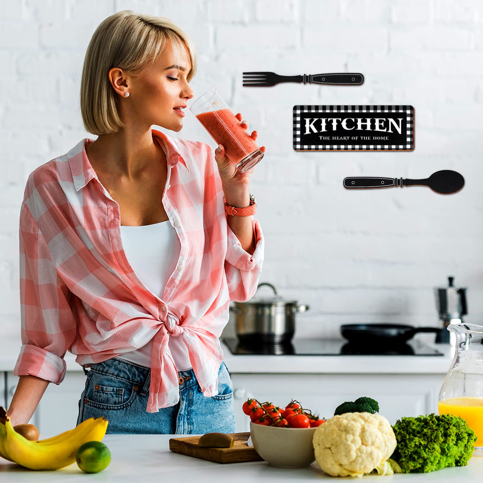 Kitchen Sign Set Kitchen Wall Decor The Heart Of The Home Sign Wood Rustic Buffalo Plaid Kitchen Decoration Fork And Spoon Farmh