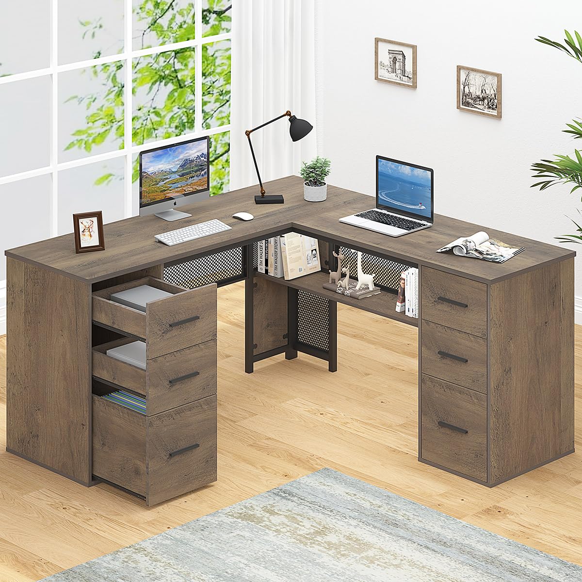 Hsh Large L Shaped Home Office Desk With Drawers, Rustic L-Shaped Computer Desk With Storage File Cabinet Shelves, Corner Reversible Metal Wood Executive Work Study Writing Table, 59 Inch Bedroom Desk
