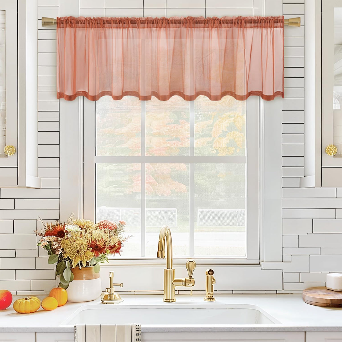 Miulee Fall Window Valance Half Window Sheer Curtain Valance Terracotta Rod Pocket Voile Drape Extra Wide For Kitchen Cafe Bathr