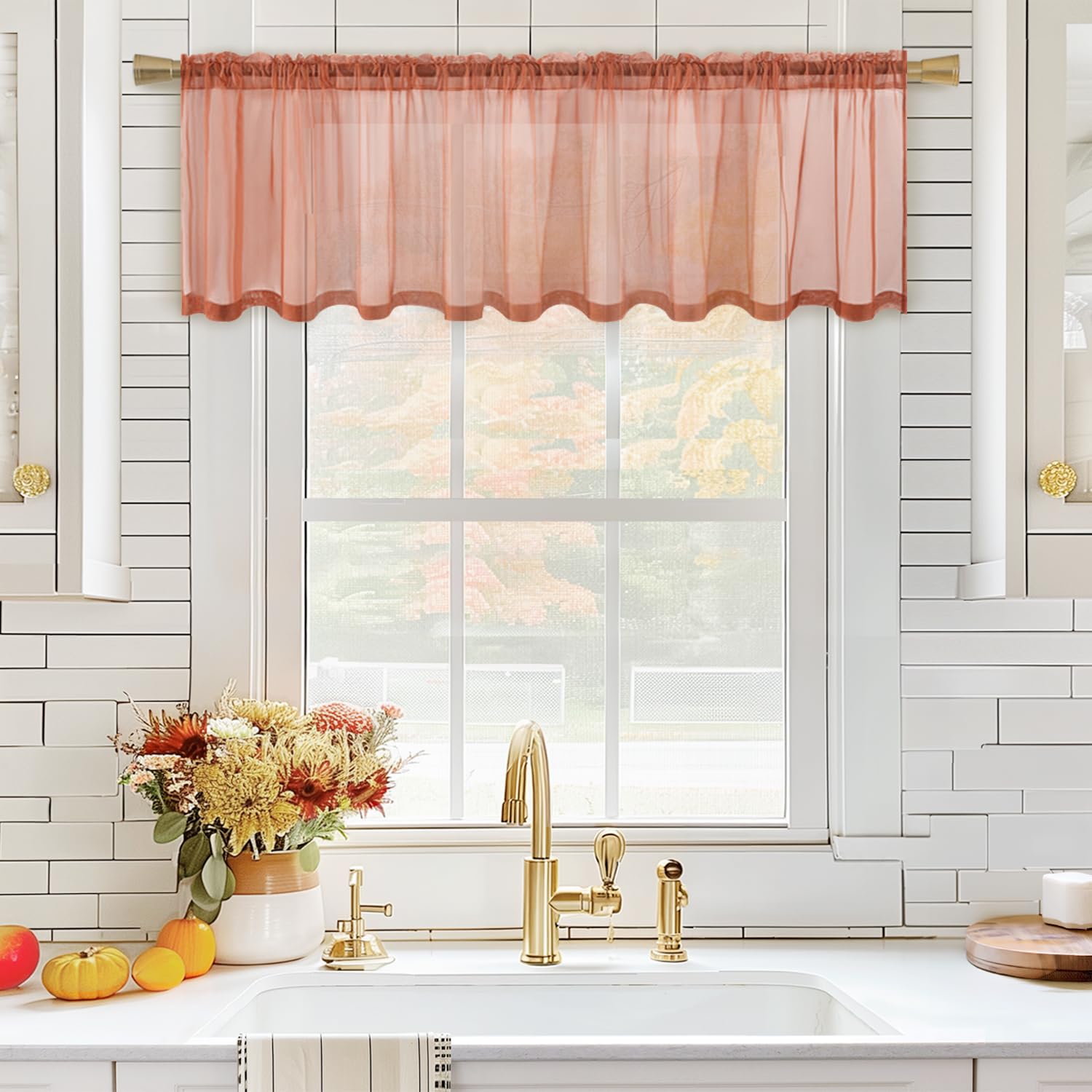 Miulee Fall Window Valance Half Window Sheer Curtain Valance Terracotta Rod Pocket Voile Drape Extra Wide For Kitchen Cafe Bathr